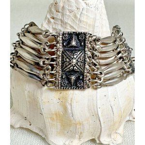 Silver (900) Bracelet With 8 Strands Linking 4 Ornate Stamped Panels - 6 3/4"